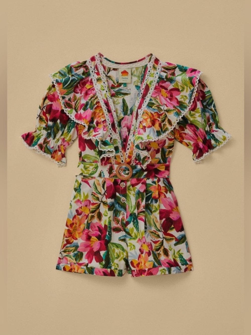 Floral Lace-Trim Romper in Pink & Green